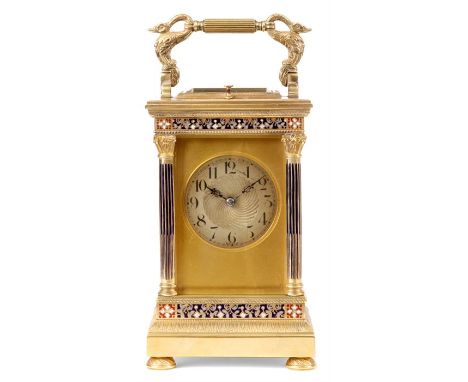 AN IMPRESSIVE LATE 19TH CENTURY FRENCH BRASS AND CHAMPLEVE ENAMEL CARRIAGE CLOCK REPEATER with leaf work base and corinthian 