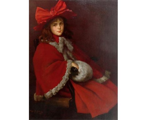 WILLIAM GEORGE GILLIES R.A. 1898-1973OIL ON CANVASA seated portrait of a young lady in red coat wearing a ribbon tied hat 100