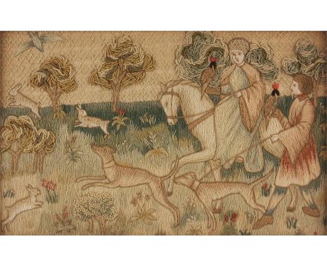 AN EARLY 19TH CENTURY EMBROIDERED WOOL WORK PICTURE – PROBABLY FRENCH A hunting scene depicting figures with dogs, rabbits an