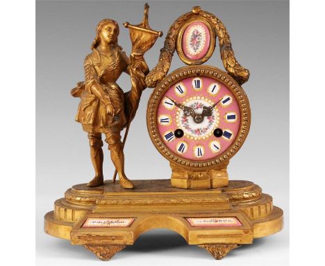 A 19TH CENTURY GILT BRASS FRENCH MANTEL CLOCK the case with rounded edge stepped base and pink porcelain panel insets beneath