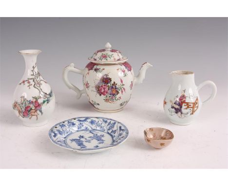 AN 18TH CENTURY CHINESE FAMILLE ROSE TEAPOT AND COVER 15cm high, AN 18TH CENTURY CHINESE SPARROW BEAK BALUSTER CREAM JUG with