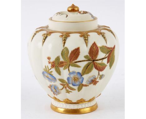 A ROYAL WORCESTER GILT EDGED LOBED IVORY GROUND POTPOURRI JAR AND INNER COVER decorated colourful gilt-edged sprays of summer