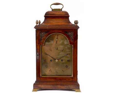 RIVERS & SON, CORNHILL, LONDON A LATE GEORGE III MAHOGANY BELL-TOP BRACKET CLOCK with brass folding handle and arched glazed 