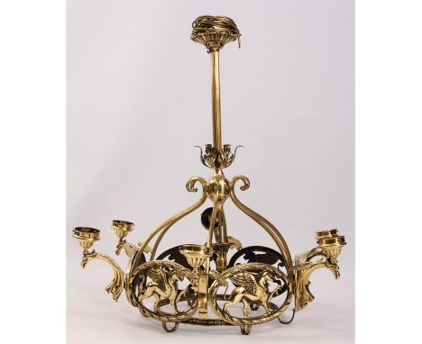 A GOOD REGENCY STYLE LARGE BRASS ELECTRIFIED CEILING LIGHT FITMENT of hexagonal form with six lamp holders divided by oval pi