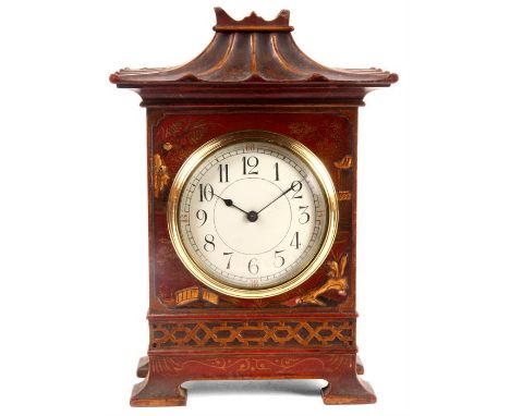 A STYLISH LATE 19TH CENTURY FRENCH SCARLET LACQUERED CHINOISERIE DECORATED MANTEL CLOCK with pagoda top above a convex painte