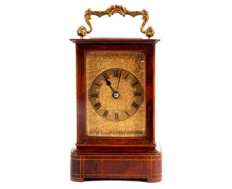 A 19TH CENTURY FRENCH ROSEWOOD AND BOXWOOD STRUNG MANTEL CLOCK with ornate rococo cast gilt brass handle, bevelled glass top 
