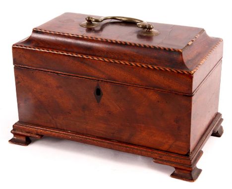 AN EARLY GEORGE III CHEQUER BAND STRUNG FIGURED MAHOGANY TEA CADDY with concave moulded lid and brass swan neck handle; with 