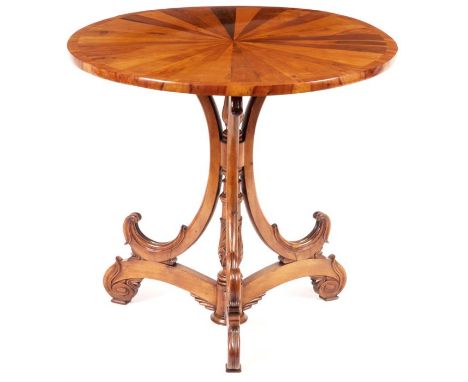 A 19th CENTURY CONTINENTAL SPECIMEN WOOD CENTRE TABLE WITH CROSS BANDED SEGMENTED TOP on a carved C-scroll tripod base with r