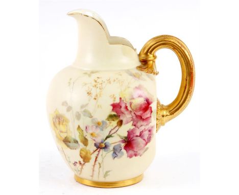 A ROYAL WORCESTER GILT EDGED IVORY GROUND LARGE FLATBACK JUG with gilded celery type handle decorated delicate sprays of summ