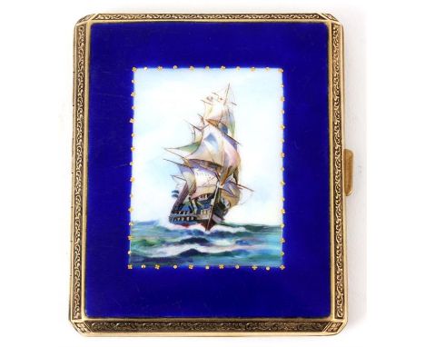 AN EARLY 20TH CENTURY ENAMEL CIGARETTE CASE the hinged lid with picture of sailing ship on the sea, stamped on the inside Gol