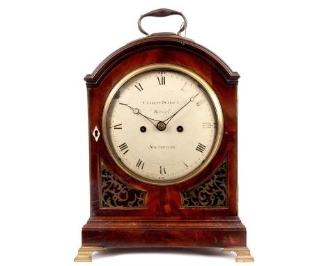 CHARLES DUPLOCK (BOROUGH) SOUTHWARK A REGENCY FIGURED MAHOGANY SINGLE PAD ARCHED TOP BRACKET CLOCK on cast brass ogee feet wi