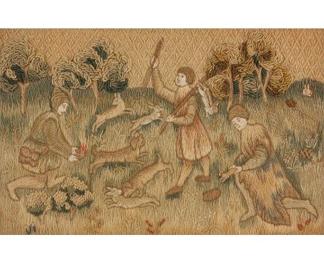 AN EARLY 19TH CENTURY EMBROIDERED WOOLWORK PICTURE – PROBABLY FRENCH A hunting scene with figures, dogs and a ferret catching