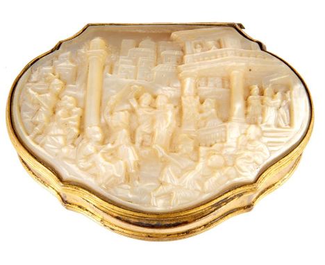 AN UNUSUAL 18TH CENTURY GILT BRASS AND MOTHER OF PEARL SNUFF BOX with flattened hinged back and shaped bow front enclosing a 