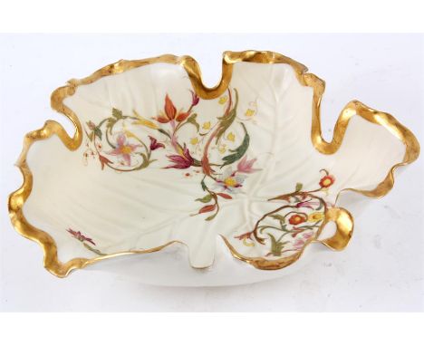 A ROYAL WORCESTER FANCY GILT SCALLOP EDGED LEAF WORK SHALLOW DISH finely decorated with colourful sprays of summer flowers 24