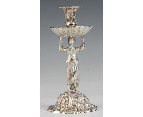 A WILLIAM IV CAST SILVER HARLEQUIN TAPER STICK with figural stem on a scrolled flower head and leaf work base supporting a sh