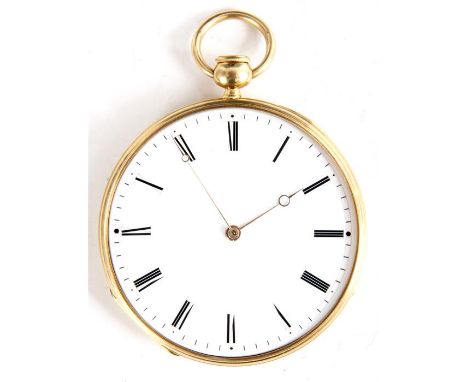 AN EARLY 19th CENTURY 18ct GOLD OPEN FACE QUARTER REPEATING POCKET WATCH the enamel Roman dial fronting a jewelled repeating 