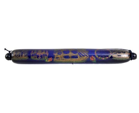 AN EARLY 19TH CENTURY UNUSUALLY LARGE BRISTOL BLUE GLASS MARINER’S ROLLING PIN painted with a central scene of ‘THE GREAT AUS