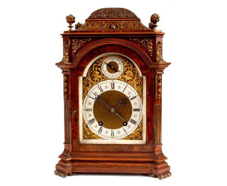 A LATE 19TH CENTURY LENZKIRCH BURR WALNUT BRACKET CLOCK with carved cushion pediment above classical corner columns and set w