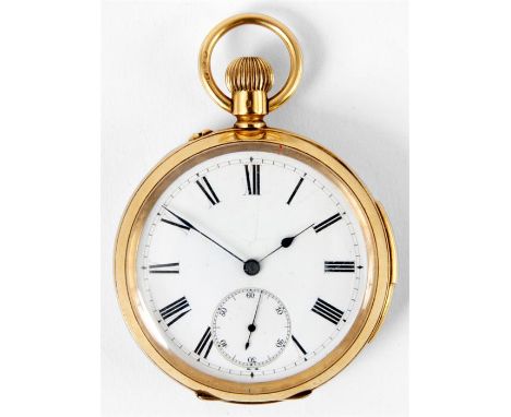 AN 18ct GOLD REPEATING POCKET WATCH having enamel dial with Roman numerals and subsidiary seconds dial fronting a keyless spr