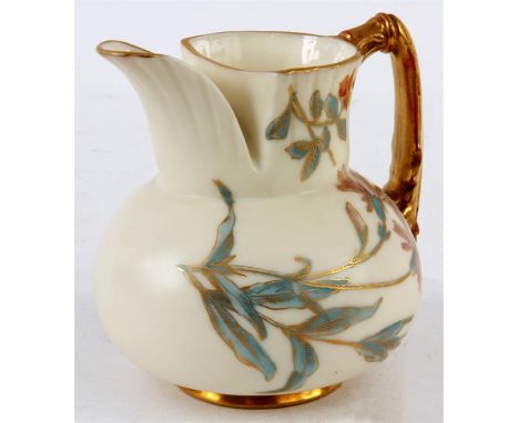 A ROYAL WORCESTER IVORY GROUND SQUAT BULBOUS JUG with moulded pouring spout and gilt leaf work handle decorated gilt-edged sp