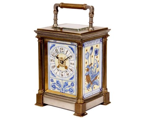 A LATE 19TH CENTURY FRENCH PORCELAIN PANELLED BRASS AND SILVERED CARRIAGE CLOCK REPEATER in the Aesthetic style with blue and