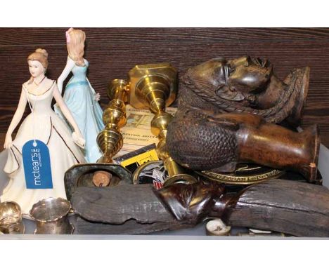 SELECTION OF MIXED COLLECTIBLES
including two ceramic lady figures, three African hardwood statues, brass candlestick, silver