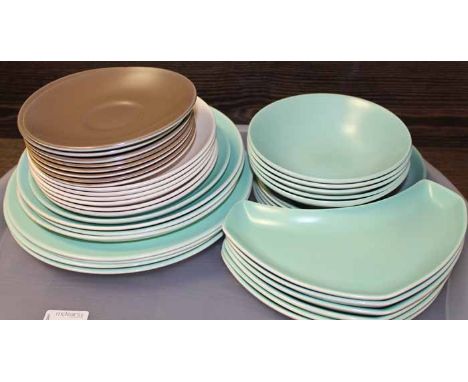 GROUP OF MONOTONE POOLE POTTERY ITEMS
including plates, side plates bowls etc, in mint green, taupe and beige, dinner plates 