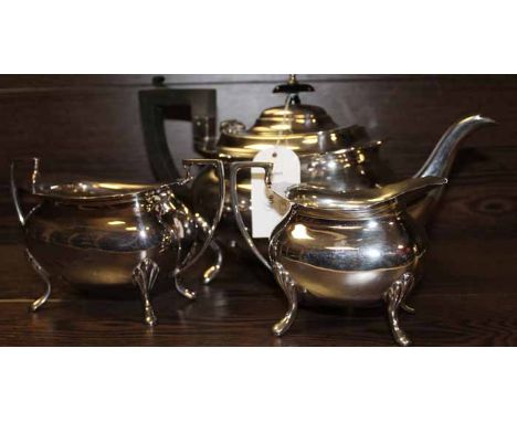 SILVER PLATED THREE-PIECE TEA SERVICE
maker Walker & Hall, Sheffield plate, warranted hard and silver soldered, of rectangula