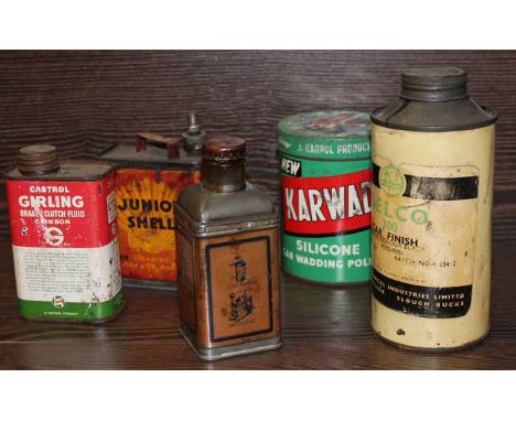 FIVE VINTAGE AUTOMOBILE OIL CANS