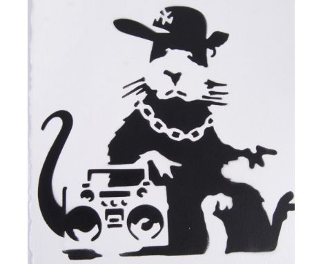 GRAFFITTI: An original piece of artwork, spray graffiti  image of a 'gangsta rat' with boombox. On a shabby torn piece of car