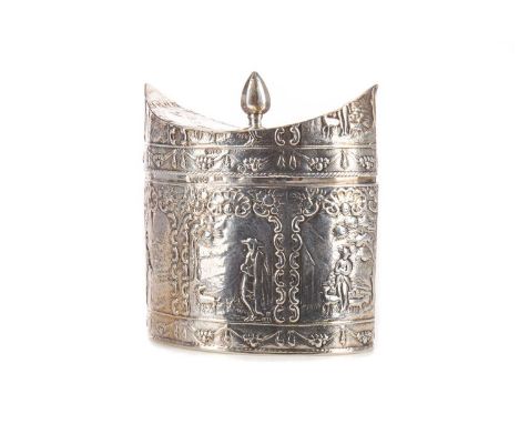 LATE 19TH/EARLY 20TH CENTURY DUTCH SILVER CADDY,of navette form, decorated in repousse with figures in country settings again