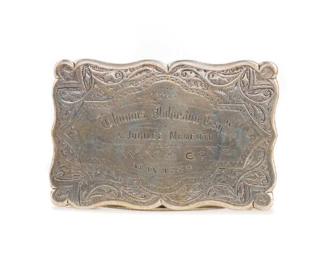 VICTORIAN SILVER SNUFF BOX,maker Frederick Marson, Birmingham 1883, of shaped oblong form, inscribed dedication to the hinged