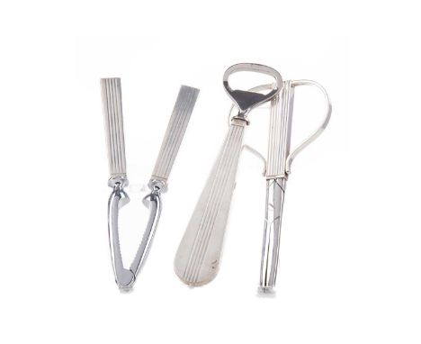 SCANDINAVIAN SILVER HANDLED THREE-PIECE BAR SET,matched, comprising a bottle opener and pair of scissors stamped '925S AxH', 