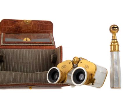 PAIR OF EARLY 20TH CENTURY CARL ZEISS OPERA GLASSES,no. 1143232, 3x13.5, in gilt metal and mother of pearl, 8cm wide, with ha