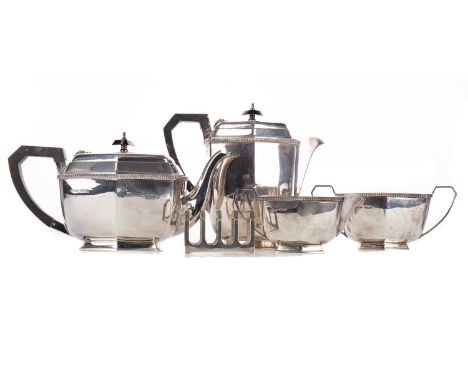 GEORGE VI SILVER FOUR-PIECE TEA SERVICE,maker Fenton Brothers Ltd., Sheffield 1945, comprising teapot, coffee pot, sugar bowl