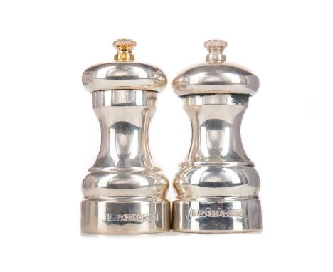 PAIR OF ELIZABETH II SILVER SALT AND PEPPER MILLS,maker A.J. Poole, Birmingham 2003-4, the pepper mill with gilt finial, 10.5
