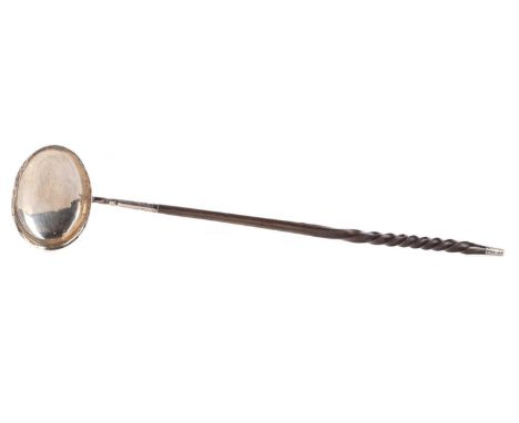 LATE GEORGIAN SILVER AND BALEEN TODDY LADLE,stamped maker 'WR', no further assay marks, with silver mounted finial over a twi
