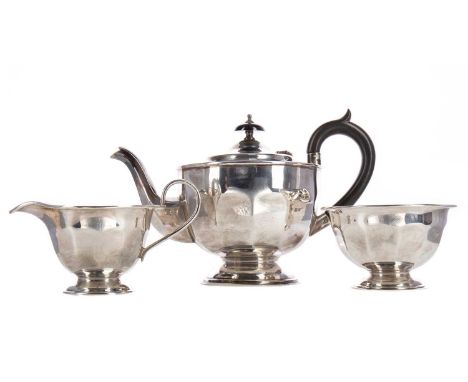 GEORGE V SILVER THREE PIECE TEA SERVICE,maker Viner's Ltd, Sheffield 1930, comprising tea pot, 23.5cm long, sugar bowl and cr