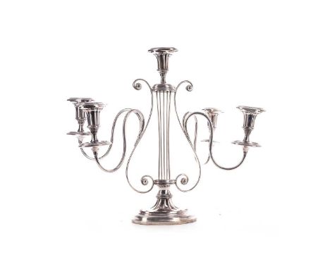 19TH CENTURY OLD SHEFFIELD PLATE FOUR-BRANCH CANDELABRUM,the central urn form sconce on lyre-form column support from which i