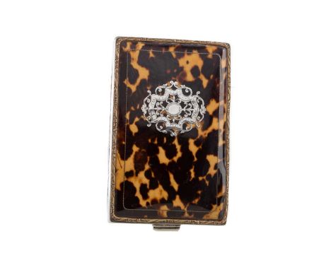 LATE 19TH/EARLY 20TH CENTURY SILVER AND TORTOISE SHELL CIGARETTE CASE,likely German, 830 grade, with inlaid detail and gilt c