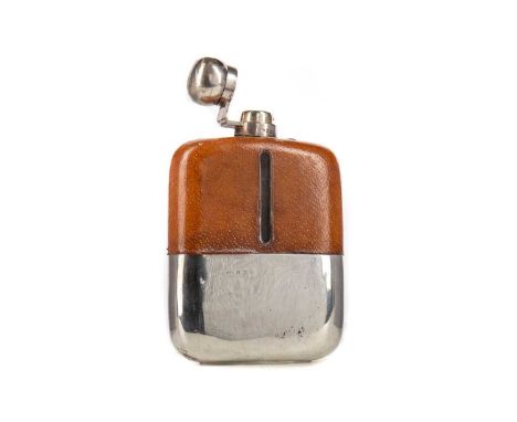 ELIZABETH II SILVER MOUNTED HIP FLASK,maker F. Burton Crosbee, Birmingham 1963, with hinged cover, leather lining, and detach