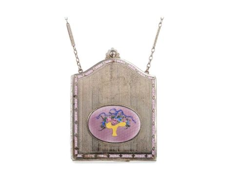 AMERICAN ART DECO SILVERED METAL AND ENAMEL COMPACT,by D. F. Briggs &amp; Co., retaining original glass and accesories to int