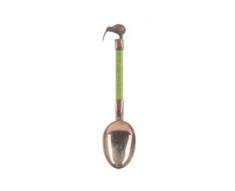 SET OF SIX EDWARDIAN SILVER AND NEPHRITE JADE COFFEE SPOONS,maker Charles Wilkes, Birmingham 1909, with cast kiwi terminals a