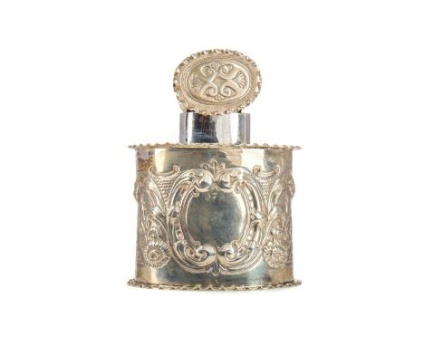 VICTORIAN SILVER TEA CADDYmaker Josiah Williams &amp; Co, London 1900, repousse decorated with foliate scrolls and with crimp