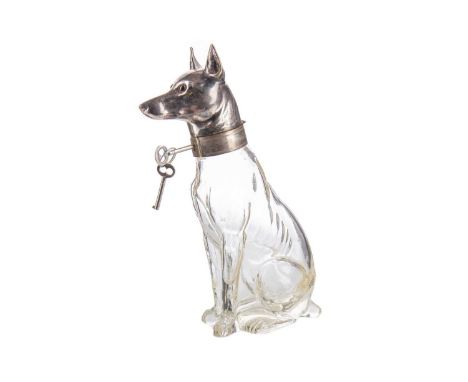 EARLY 20TH CENTURY AUSTRIAN ZOOMORPHIC SCHNAPPS DECANTER,modelled as a seated German Pinscher, the silver plated head mount w