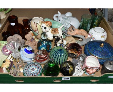 ONE BOX OF CERAMICS AND GLASS PAPERWEIGHTS, to include three Mdina glass paperweights, a limited edition 122/350 Caithness 'S