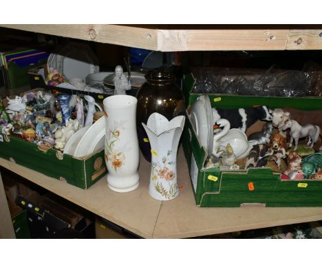 FIVE BOXES AND LOOSE OF CERAMICS AND GLASSWARE, including resin and ceramic animal and figural ornaments, Johnson Brothers 'E