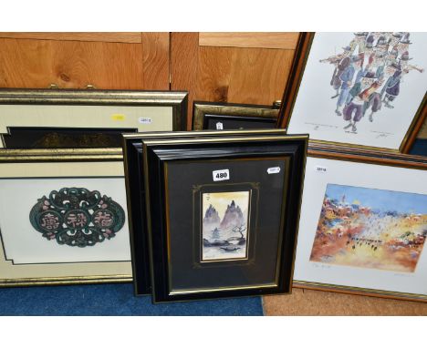 EIGHT DECORATIVE PICTURES AND PRINTS ETC, comprising two Digby Page Chinese landscape watercolours, approximate sizes 16cm x 