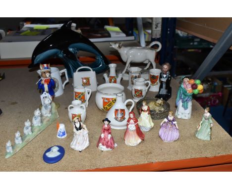 A COLLECTION OF CERAMICS, including a Royal Doulton 'Uncle Sam' Bunnykins figure, a 19th century white glazed cow creamer, s.