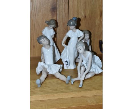 FIVE NAO FIGURES, comprising three seated ballerinas in different poses, and two little girls in white dresses, height of tal